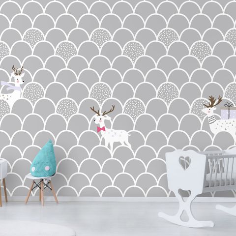 Kids Gray Fishscale Pattern and White Deer Wallpaper Mural