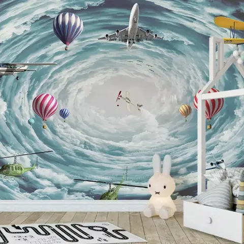 Hot Air Balloon and Airplanes on The Sky Wallpaper Mural