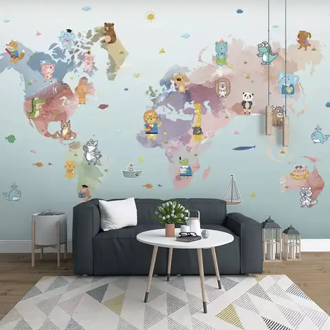Pink Purple World Map with Animals Wallpaper Mural