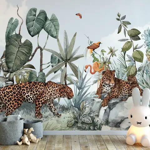 Kids Watercolor Forest with Leopard Wild Animals Wallpaper Mural