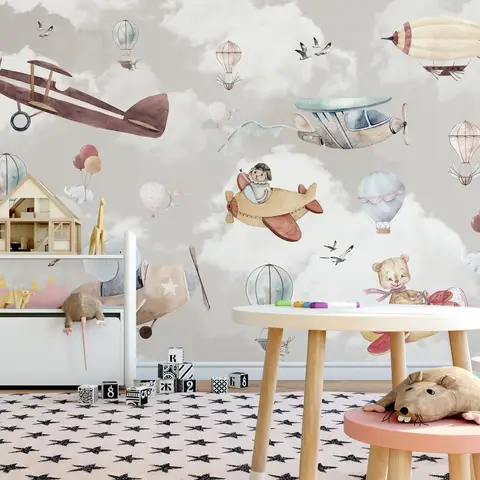 Nursery Cartoon Animals Flying with Aircraft Wallpaper Mural