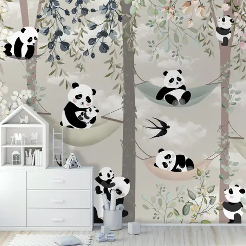 Nursery Panda Bear on Hammock Trees Wallpaper Mural
