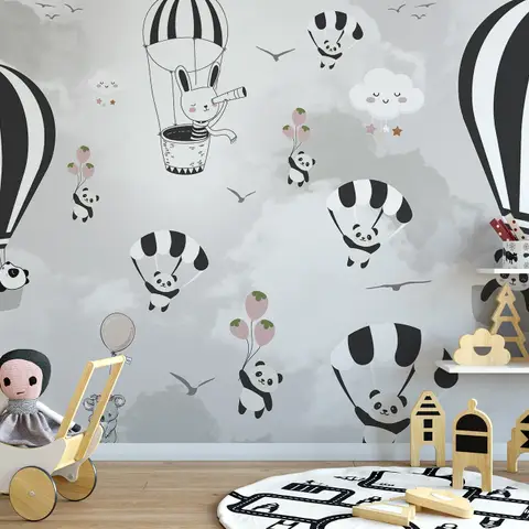 Hot Air Balloon with Cartoons Animals Kids Nursery Wallpaper Mural