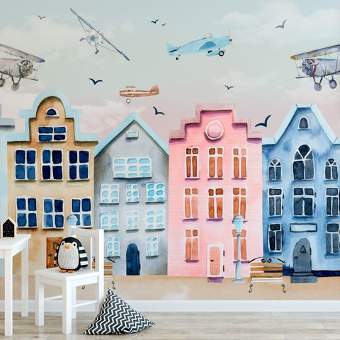 Helicopters on Colorful Amsterdam Style Houses Wallpaper Mural