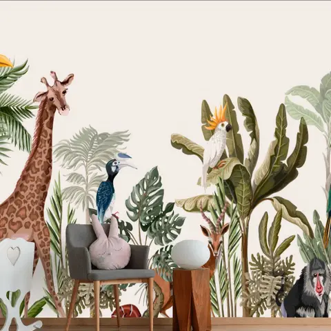 Watercolor Jungle and Safari Animals Wallpaper Mural