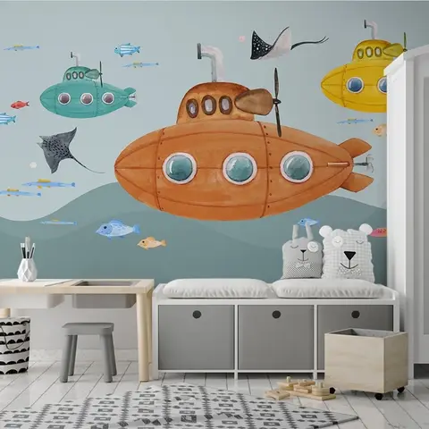 Kids Boys Watercolor Underwater with Submarine Wallpaper Mural