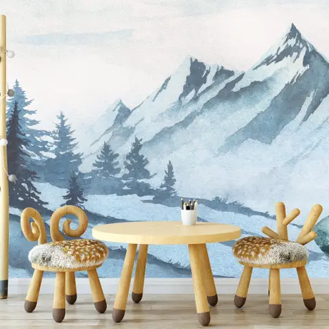 Kids Mountain Landscape with Cartoon Bear Wallpaper Mural