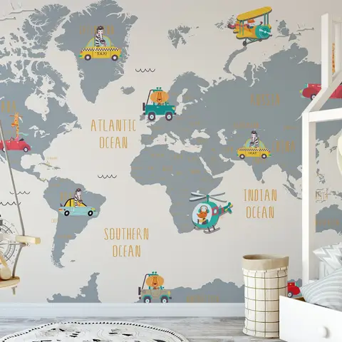 Kids World Map with Little Cars Wallpaper Mural