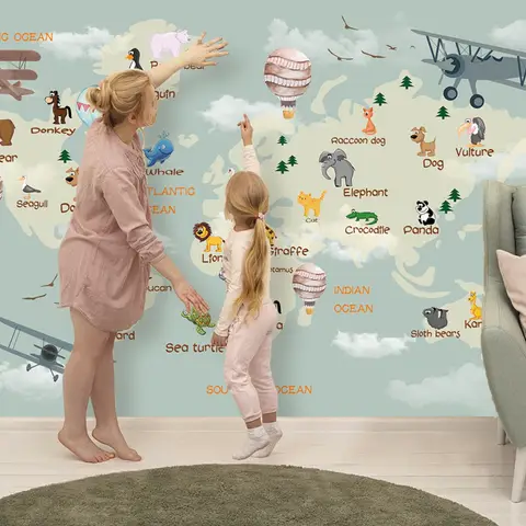Kids World Map with Animals Wallpaper Mural
