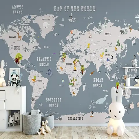 Kids Boys Kids World Map with Animals Wallpaper Mural