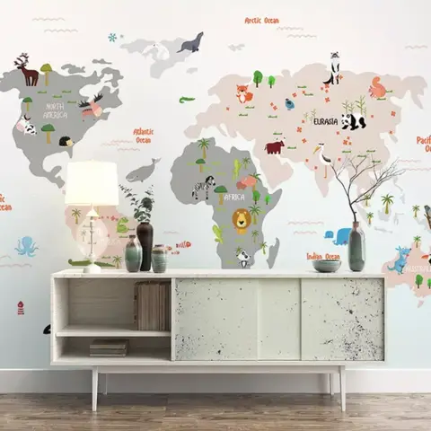 Colorful Kids World Map with Cartoon Animals Wallpaper Mural
