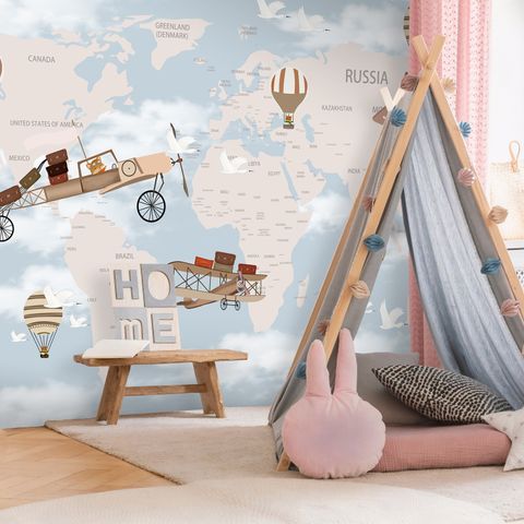 World Map with Hot Air Balloons and Helicopters Wallpaper Mural