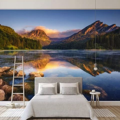 Mountain and Lake Landscape in the Sunrise Wallpaper Mural