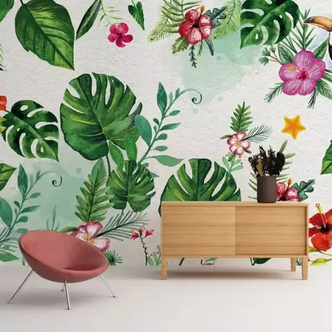 Colorful Mirabilis Flowers and Tropical Leaves Wallpaper Mural