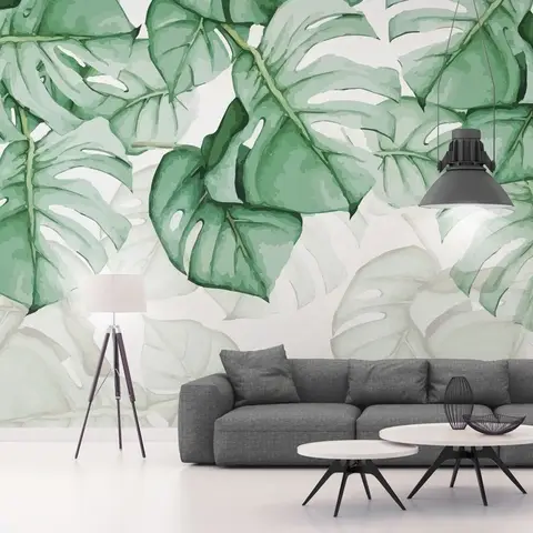 Light Green Tropical Leaves Wallpaper Mural
