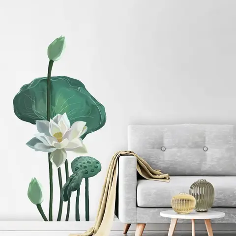 Watercolor White Lotus Floral and Leaves Wall Decal Sticker
