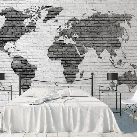 Black White Brick World Maps Wallpaper Mural