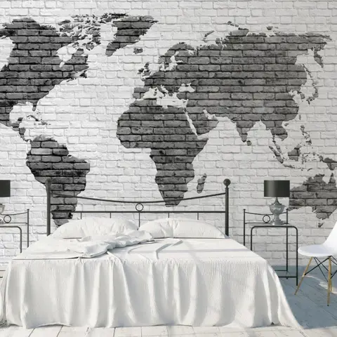 Black White Brick World Maps Wallpaper Mural