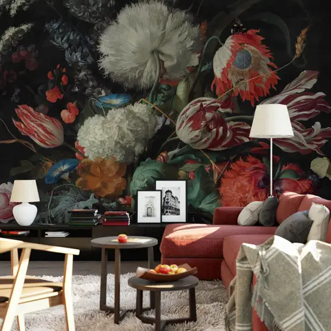 Dark Floral Dutch Bouquet with Tulips Wallpaper Mural