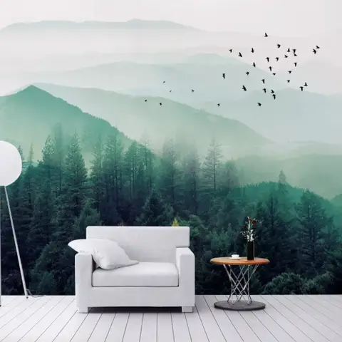 Misty Green Forest with Birds Wallpaper Mural