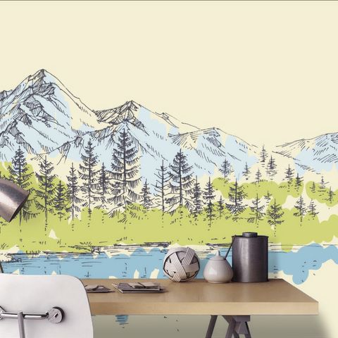 Charcoal Mountain Landscape with Lake and Pine Trees Wallpaper Mural