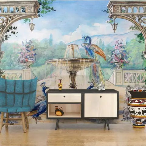 Painting Garden with Fountain, Peacock and Roman Column Wallpaper Mural