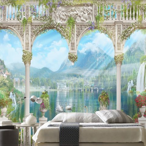 Lake Landscape on the Swan with European Style White Arches Wallpaper Mural