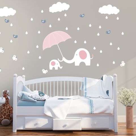 Kids Calf Elephant with White Raindrops and Little Butterfly Wall Decal Sticker