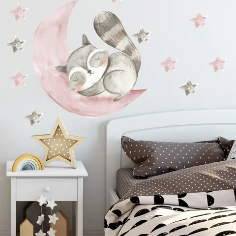 Nursery Cute Raccun and Watercolor Pink Gray Stars Wall Decal Sticker