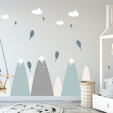 Nursery Soft Blue Gray Mountain Landscape and Little Hot Air Balloons Wall Decal Sticker