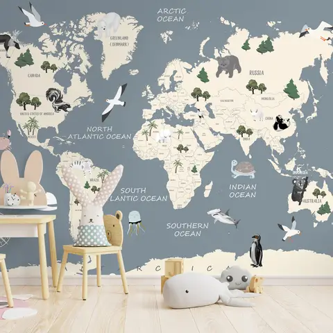 Kids Political Soft World Map with Cute Animals Wallpaper Mural