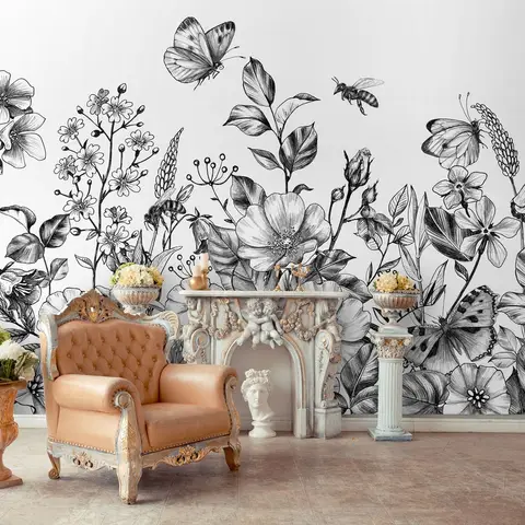 Black and White Floral Wallpaper Mural