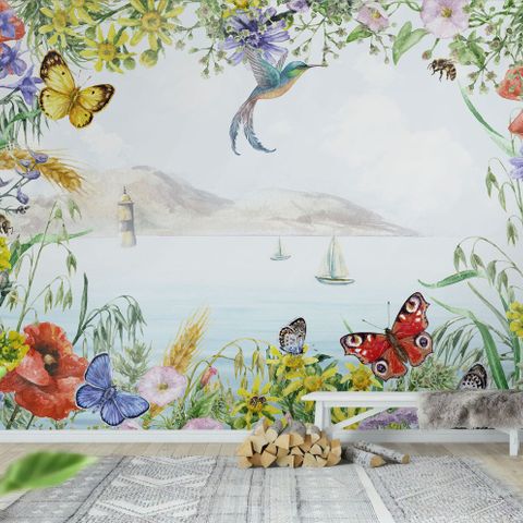 Sea View with Garden Flowers Wallpaper Mural