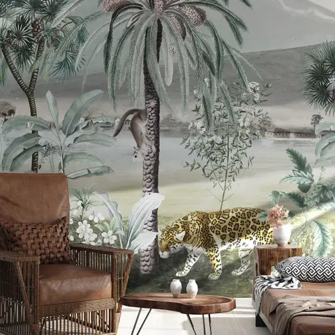 Vintage Exotic Landscape with Wild Animals Wallpaper Mural