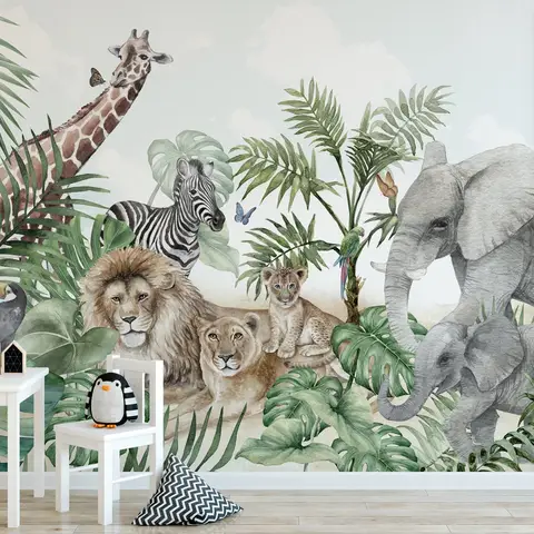 Kids Tropical Animals with Leafs Wallpaper Mural