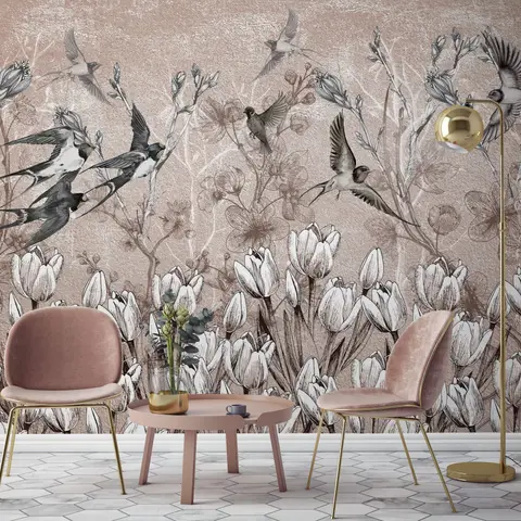 Flying Birds on Flowers Wallpaper Mural