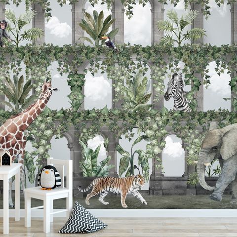Kids Tropical Animals Around the Arch Wallpaper Mural