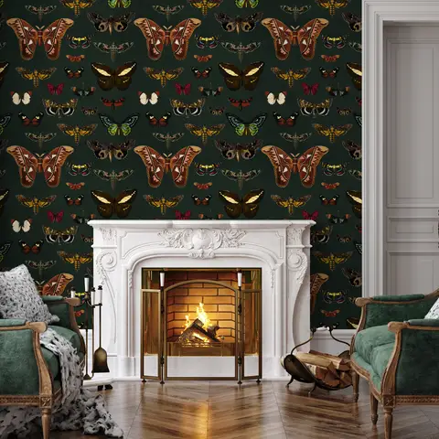 Colorful Butterfly Patterns on Green Background Wallpaper Mural