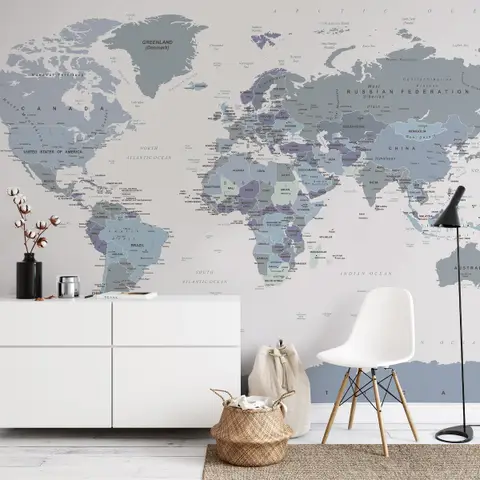 White and Purple Political World Map Wallpaper Mural