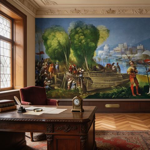 Medieval Lake Landscape with Boats Wallpaper Mural