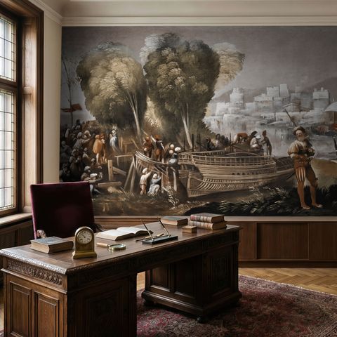 Medieval Lake Landscape with Boats Wallpaper Mural