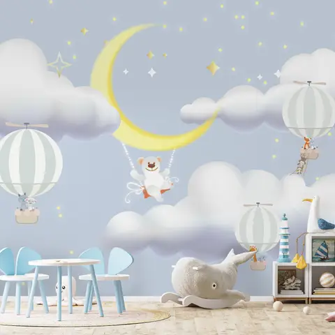 Papier peint nuage dessin animé et lune jaune pour enfants