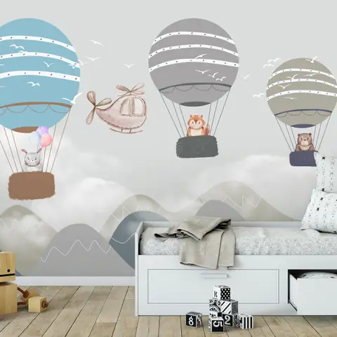 Kids Cartoon Hot Air Balloon and Airplane Wallpaper Mural