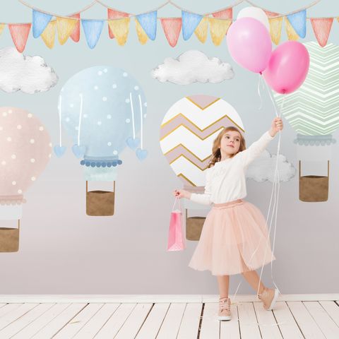 Kids Colorful Hot Air Balloon with Watercolor Flags Wallpaper Mural