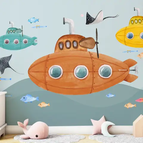 Kids Boys Watercolor Underwater with Submarine Wallpaper Mural