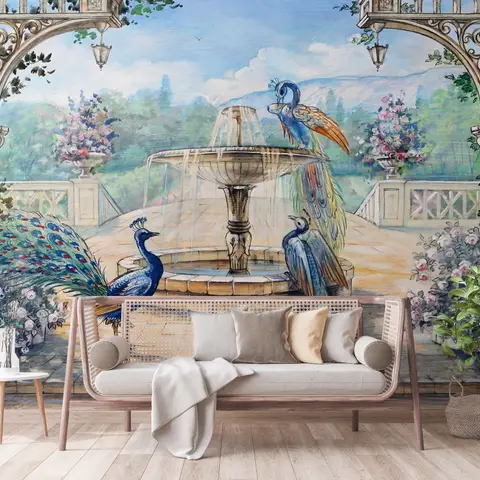 Painting Garden with Fountain, Peacock and Roman Column Wallpaper Mural