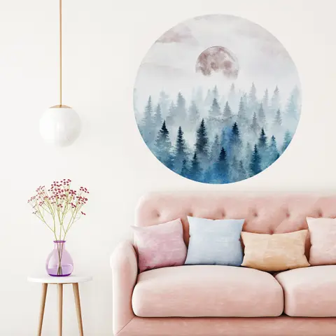 Foggy Forest with Rising Moon Landscape Circle Wall Decal Sticker