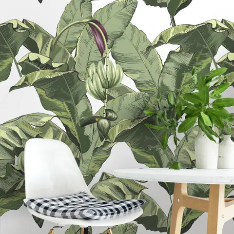 Green Tropical Bananana Leaves with Calla Lily Flowers Wallpaper Mural