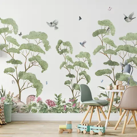 Kids Tropical Forest with Cute Rabbits Wallpaper Mural