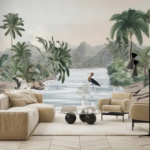 Tropical Nature Landscape with Birds Wallpaper Mural